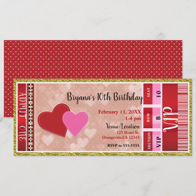 Invitación Fiesta de San Valentín admite un billete VIP (Anverso / Reverso)