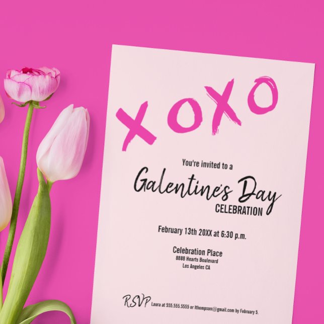 Invitación Fiesta de San Valentín, amigos de XOXO Galentine (Galentine's day invitation template, pink brush strokes XOXO )