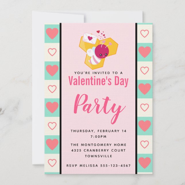 Invitación Fiesta de San Valentín de Abejorro Rosa Adorable (Anverso)