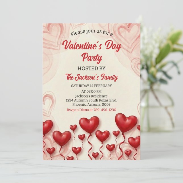 Invitación Fiesta de San Valentín de Corazones Rojos (Anverso de pie)