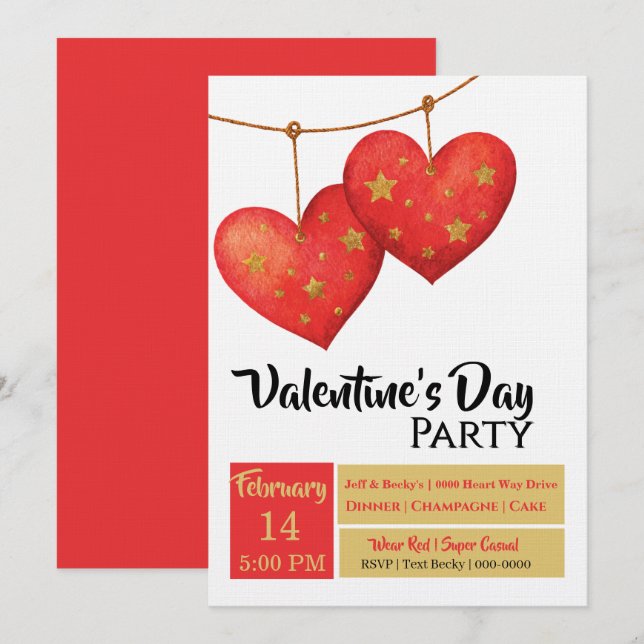 Invitación Fiesta de San Valentín de Corazones Rojos Lindos (Anverso / Reverso)