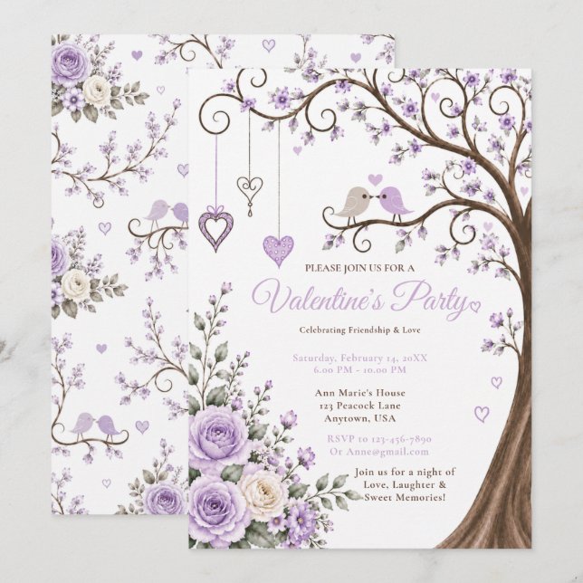 Invitación Fiesta de San Valentín de lavanda (Anverso / Reverso)