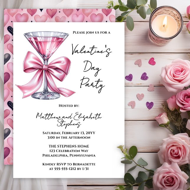 Invitación Fiesta de San Valentín de Pink Martini Coquette Bo (Valentine’s Day Party Invitation | Pink Martini Bow Couple’s Valentine Invite -- Print | Digital)