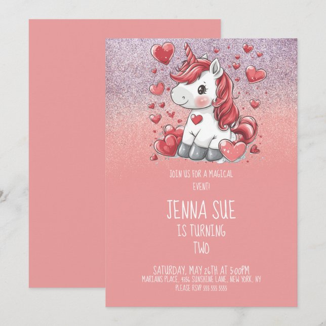 Invitación Fiesta de San Valentín de Unicornio (Anverso / Reverso)