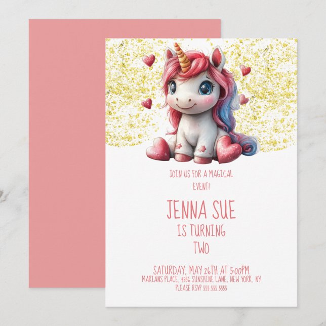 Invitación Fiesta de San Valentín de Unicornio Adorable (Anverso / Reverso)