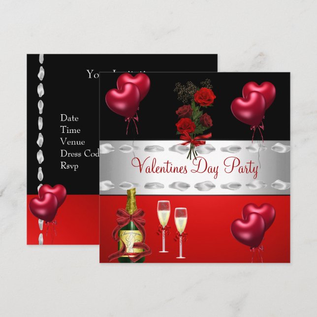 Invitación Fiesta de San Valentín  Rosas Rojas Globos (Anverso / Reverso)