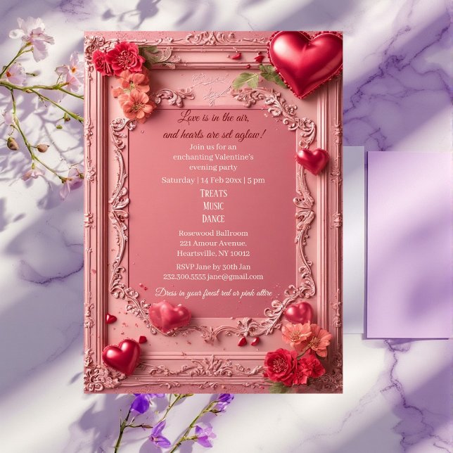 Invitación Fiesta de San Valentín Rústica Rosas Románticas Co (Romantic Roses Red Hearts Rustic Valentine Party Invitation)