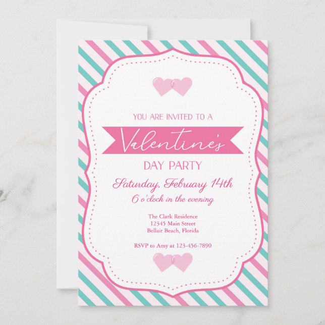 Invitación Fiesta de San Valentín Verde azulado rosado Fiesta (Anverso)