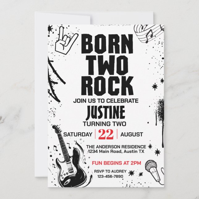 Invitación Fiesta de segundo cumpleaños Born to Rock (Anverso)