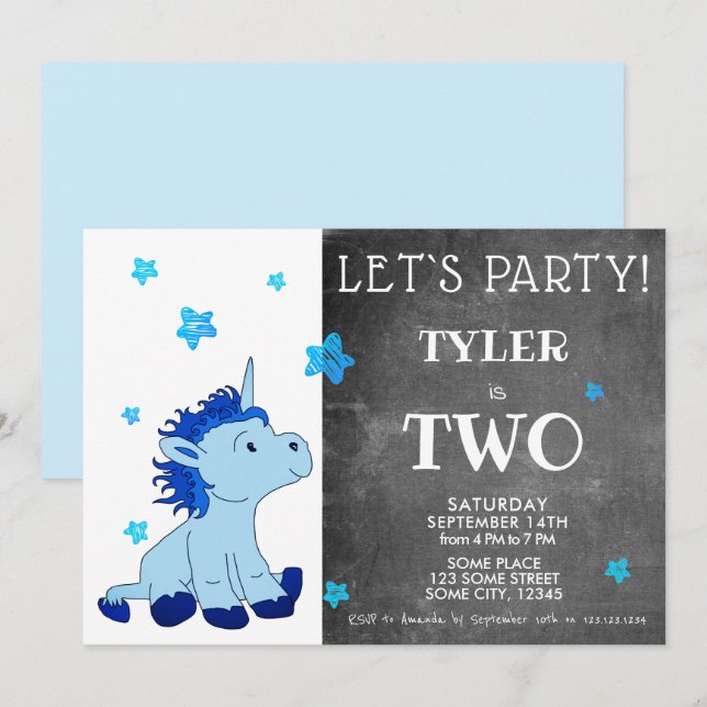 Invitación Fiesta de segundo cumpleaños de Cute Blue Unicorn (Anverso / Reverso)