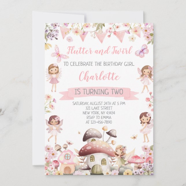Invitación Fiesta de Segundo Cumpleaños de la Hada Flutter y  (Anverso)