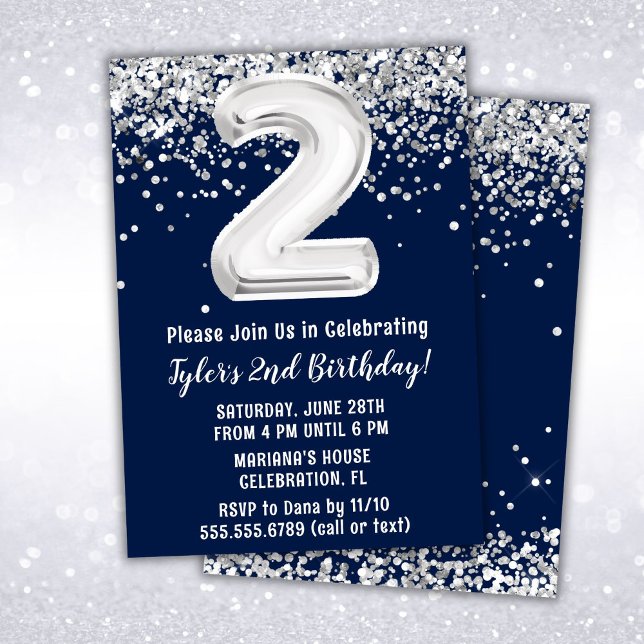Invitación Fiesta de segundo cumpleaños de Navy Blue Silver (Subido por el creador)