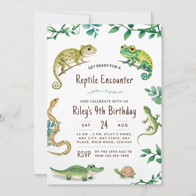 Invitación Fiesta de serpientes de cumpleaños reptiles invita (Anverso)