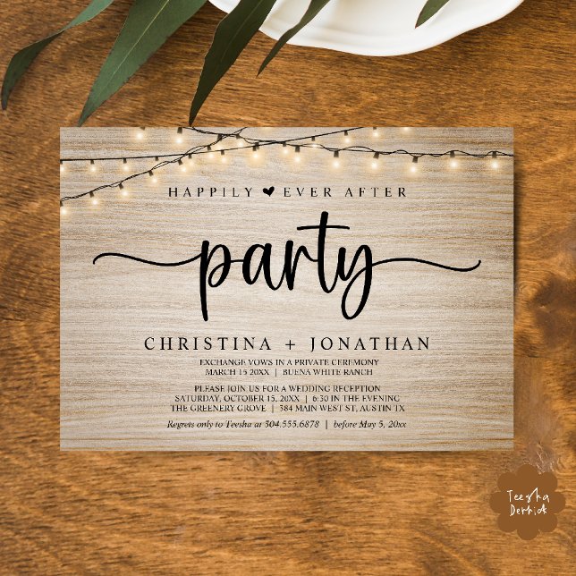 Invitación Fiesta de Siempre Felices, Boda con Luces de Caden (Happily Ever After party, String Lights Wedding Invitation Card PDF Cottage Wood)