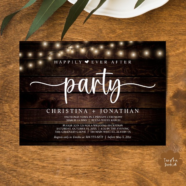 Invitación Fiesta de Siempre Felices, Boda con Luces de Caden (Happily Ever After party, String Lights Wedding Invitation Card PDF Cottage Dark Wood)
