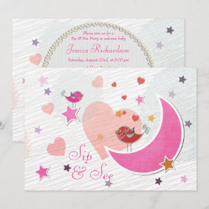 Invitación Fiesta de Sip & See de Luna y Estrellas de Aves Li