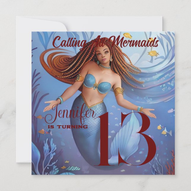 Invitación Fiesta de sirena acuarela afroamericana (Anverso)