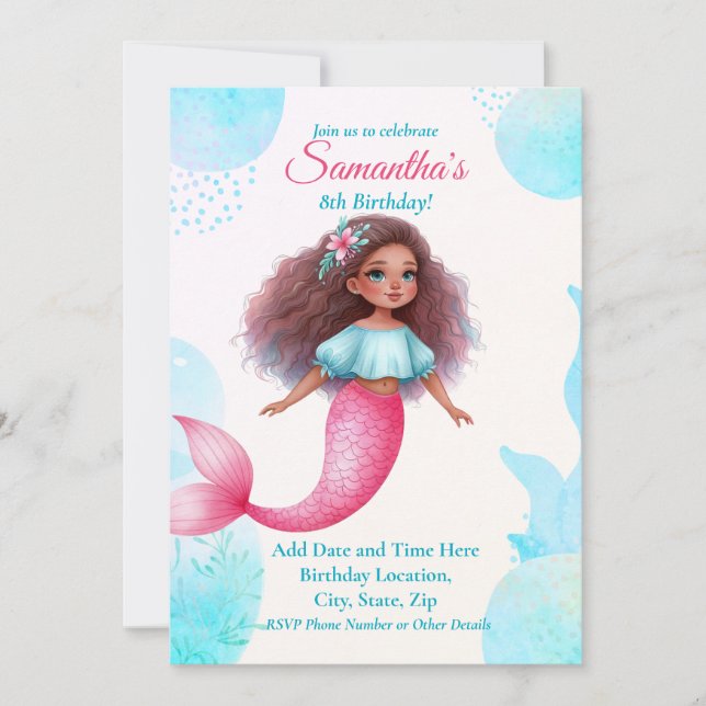 Invitación Fiesta de Sirena Afroamericana Personalizable (Anverso)