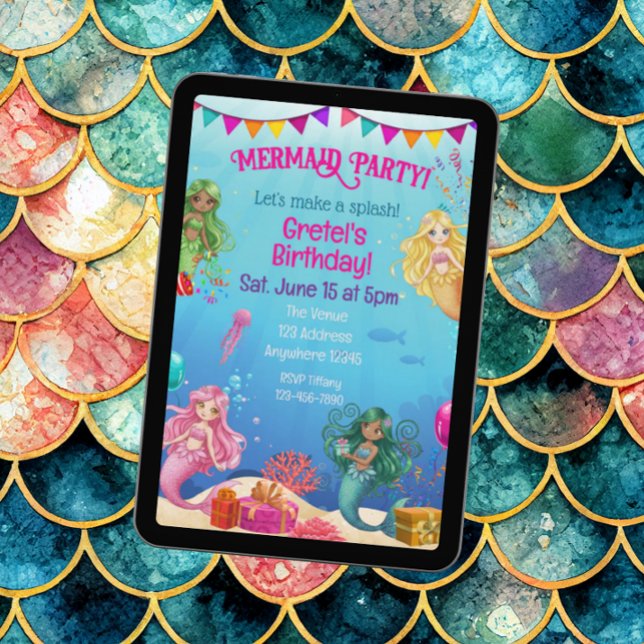 Invitación Fiesta de Sirena, Cumpleaños Subacuático Colorido (Subido por el creador)