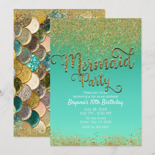 Invitación Fiesta de Sirena Glamour Dorado Brillante y Cumple