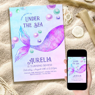 Invitación Fiesta de Sirena para Niñas de Cualquier Edad Cump