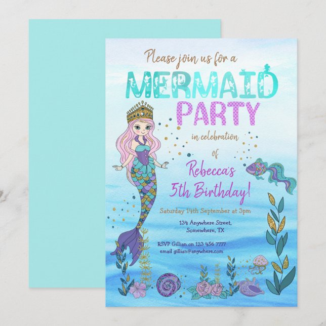 Invitación Fiesta de sirena Purpurina Verde azulado púrpura C (Anverso / Reverso)