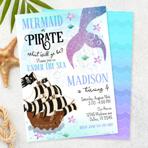 Invitación Fiesta de Sirena y Pirata Bajo el Mar Cumpleaños