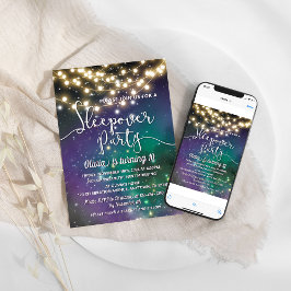 Invitación Fiesta de Sleepover Galaxy Blue Purple Stars Cumpl