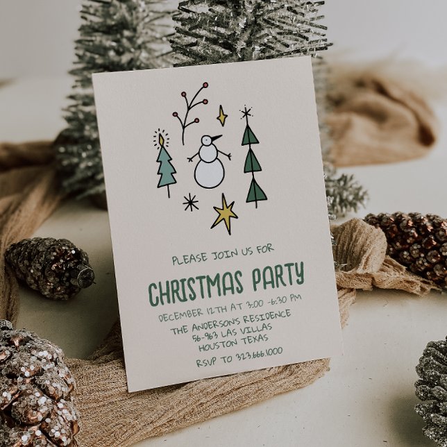 Invitación Fiesta de Snowman, árboles de Navidad verdes ilust (Subido por el creador)