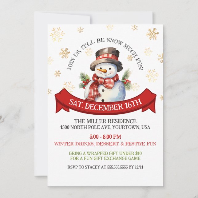 Invitación Fiesta de Snowman Gold Snowflakes Navidades (Anverso)