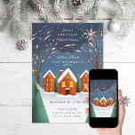 Invitación Fiesta de Snowy Village Winter Scene Navidades<br><div class="desc">Ilustracion original de una invitación de fiesta de vacaciones en la aldea de las colinas nevadas,  tarjeta fotográfica de vacaciones a juego. Personalizar para añadir más texto o más fotos al reverso.</div>