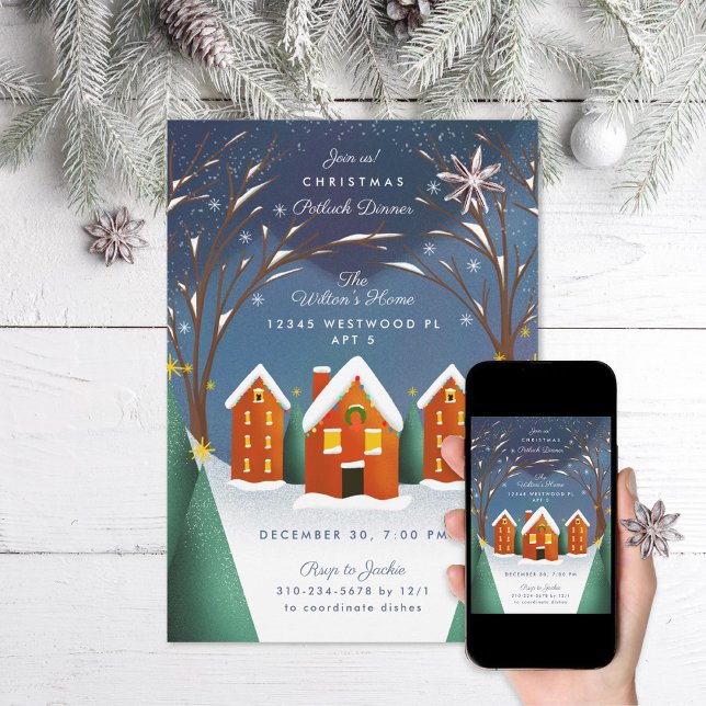 Invitación Fiesta de Snowy Village Winter Scene Navidades (Subido por el creador)