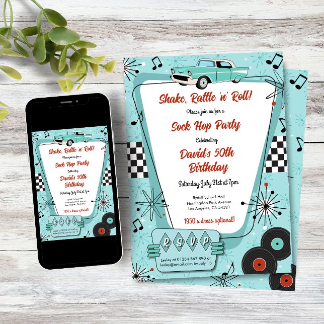 Invitación Fiesta de Sock Hop de los 50 (1950s Sock Hop Dance Party Invitation)