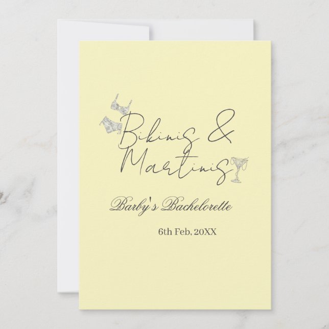 Invitación Fiesta de soltera Bikins & Martinis amarillo retro (Anverso)