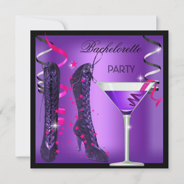 Invitación Fiesta de Soltera Botas Moradas Rosadas Cóctel (Anverso)