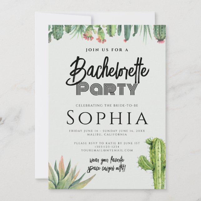 Invitación Fiesta de Soltera Cactus Acuarela Jardín de Salvia (Anverso)