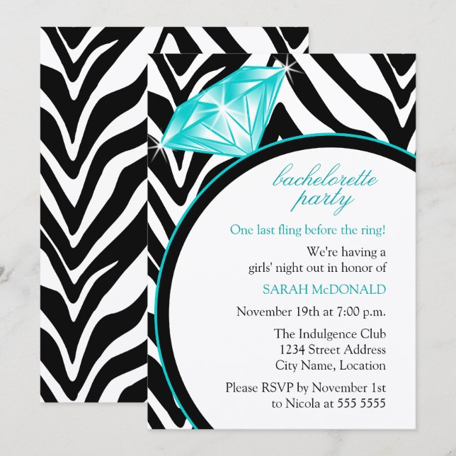 Invitación Fiesta de Soltera con Estampado de Cebra y Anillo (Anverso / Reverso)