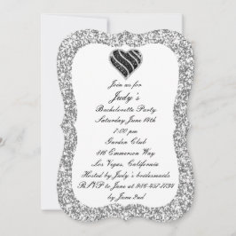 Invitación Fiesta de Soltera Corazón Negro Purpurina Plateada