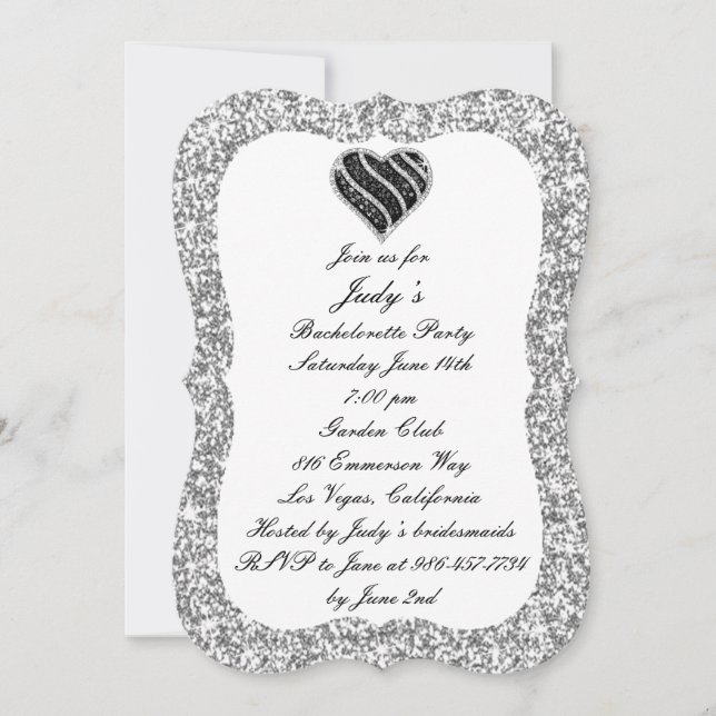 Invitación Fiesta de Soltera Corazón Negro Purpurina Plateada (Anverso)