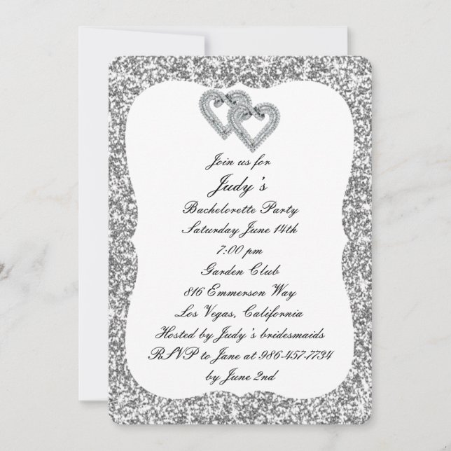 Invitación Fiesta de Soltera Corazones de Diamante Brillo Pla (Anverso)