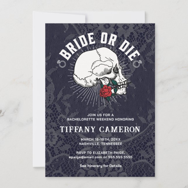 Invitación Fiesta de soltera de cráneo de novia o muerte (Anverso)