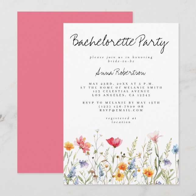 Invitación Fiesta de soltera de flores silvestres en acuarela (Anverso / Reverso)