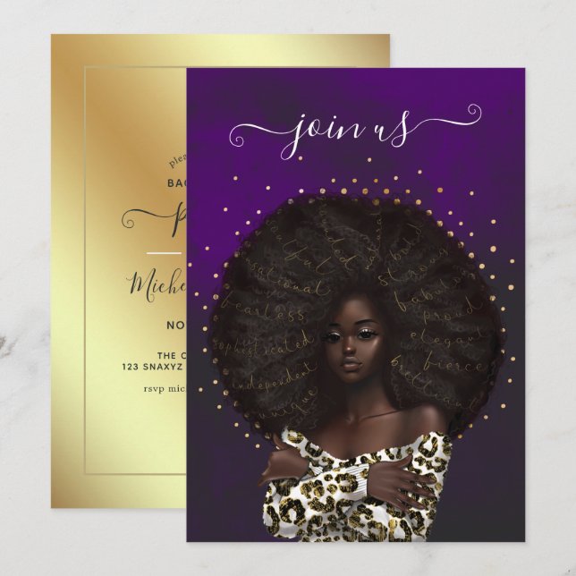 Invitación Fiesta de soltera de la fashionista afroamericana (Anverso / Reverso)
