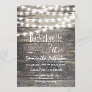 Invitación Fiesta de soltera de madera rústica y luces de cue