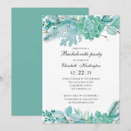 Invitación Fiesta de soltera de menta. Suculentos acuarelas