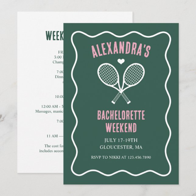 Invitación Fiesta de soltera de tenis verde preppy (Anverso / Reverso)