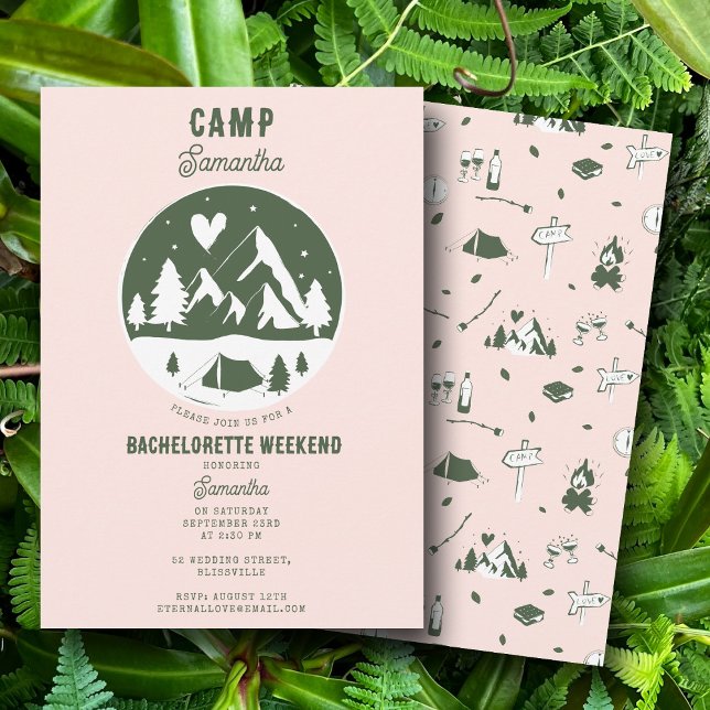 Invitación Fiesta de Soltera en el Campamento Camping Bach Fi (Camp Bachelorette Party Camping Bach Weekend Pink Invitation)