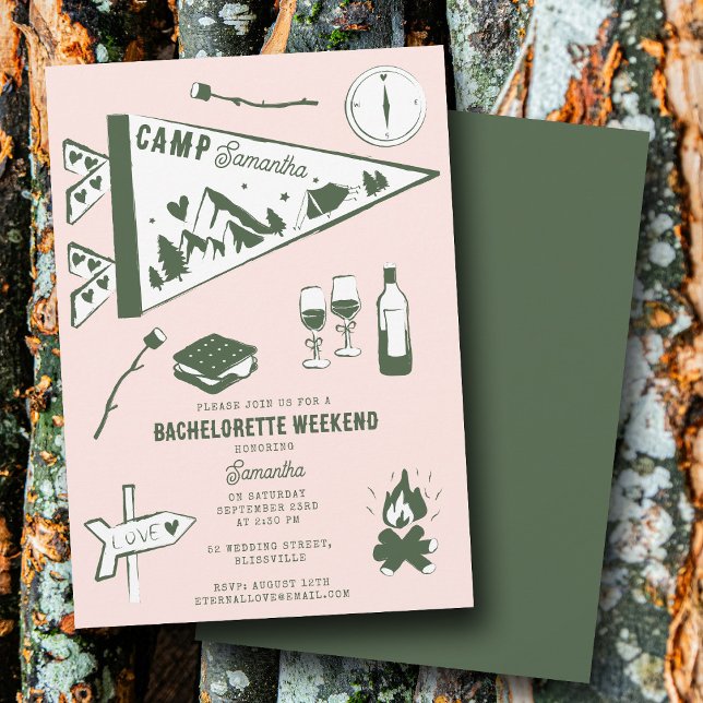 Invitación Fiesta de Soltera en el Camping Fin de Semana Rosa (Camp Bachelorette Party Camping Bach Weekend Pink Invitation)