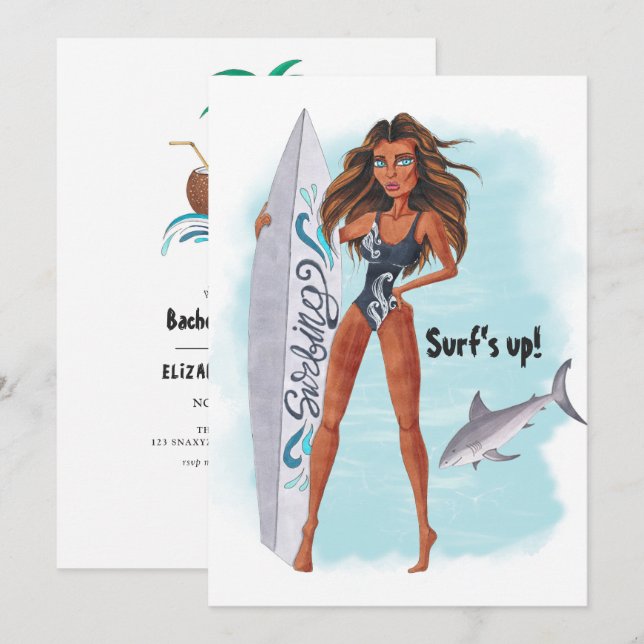 Invitación Fiesta de soltera en la playa de surf de verano (Anverso / Reverso)