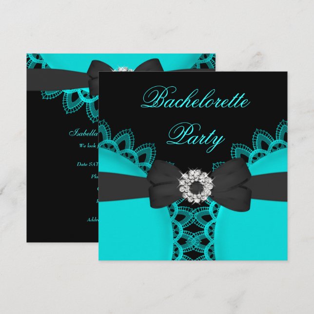 Invitación Fiesta de Soltera Encaje Azul Teal Negro (Anverso / Reverso)